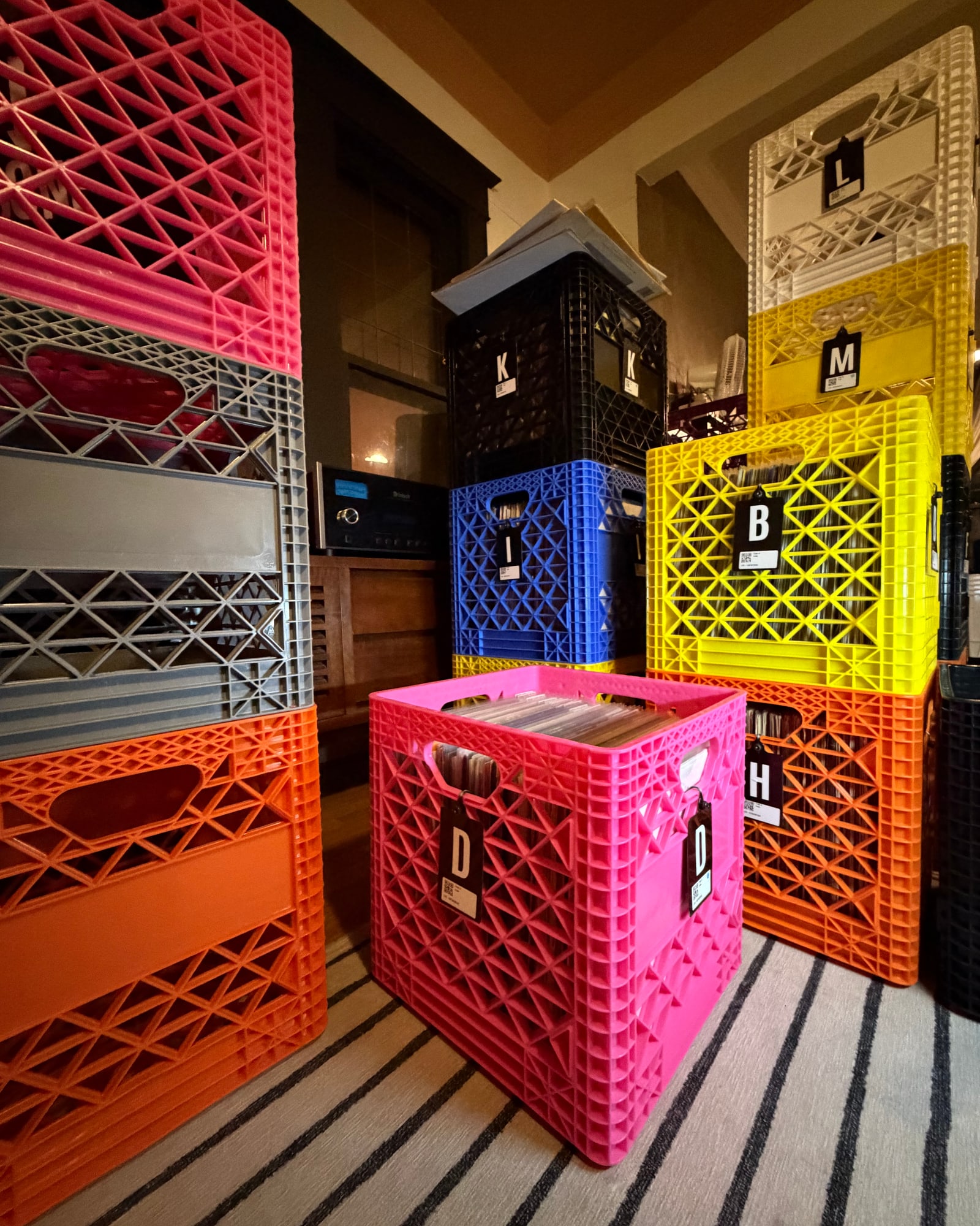 Color-coded crates of records from the Peak Time Vinyl collection